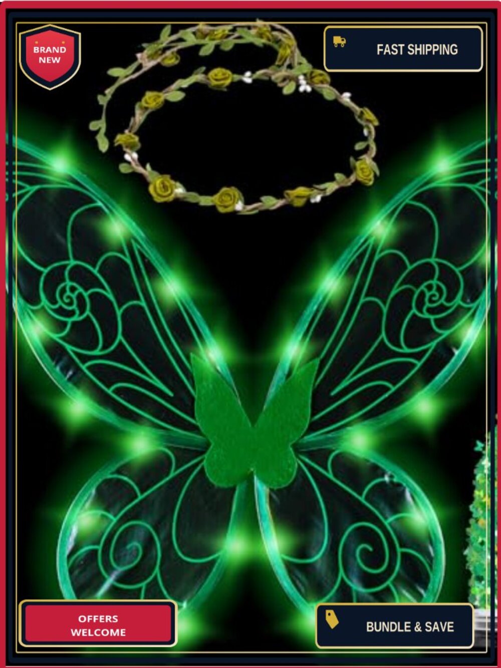 Light Up Fairy Wings Halloween Costume Accessory Set with Flower Crown